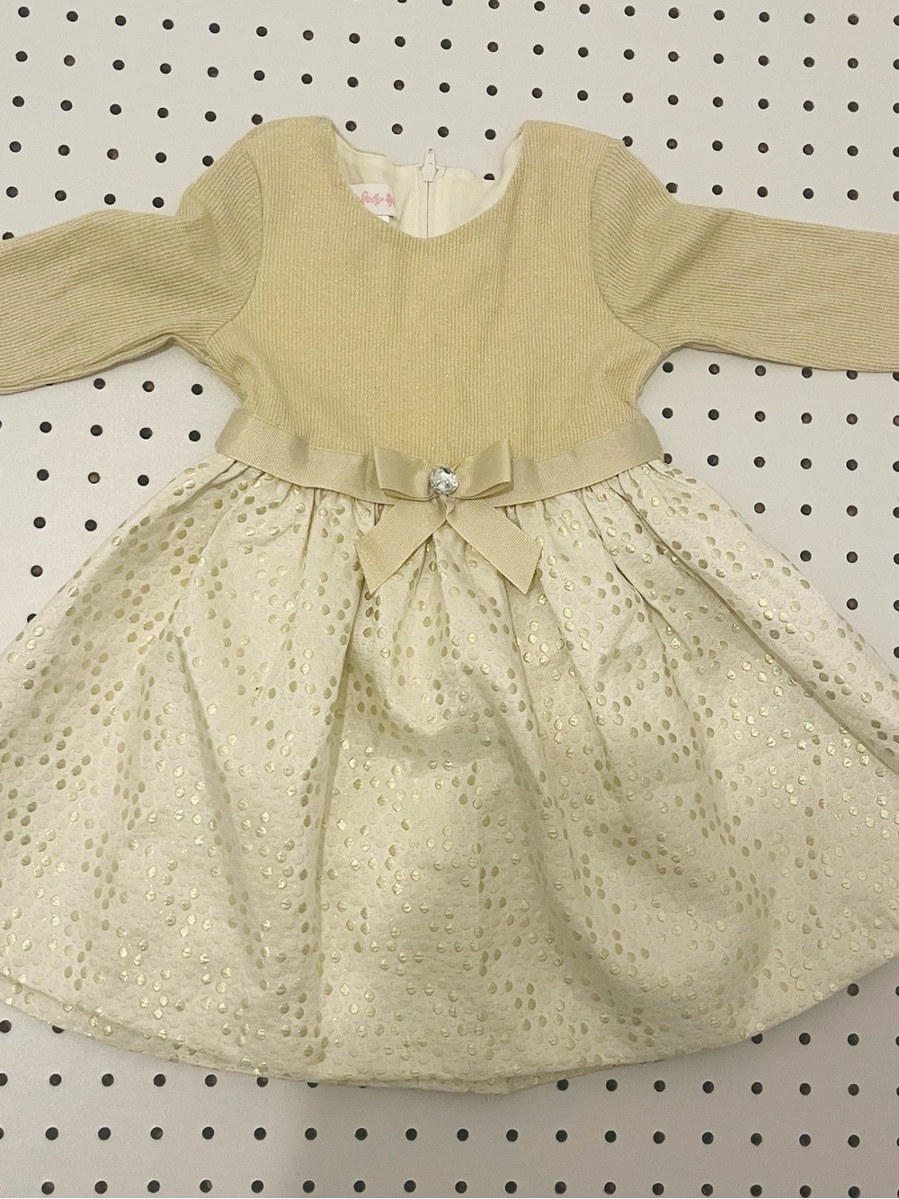Bonnie Baby Champagne Gold Sequin Bow-Accent Formal Dress